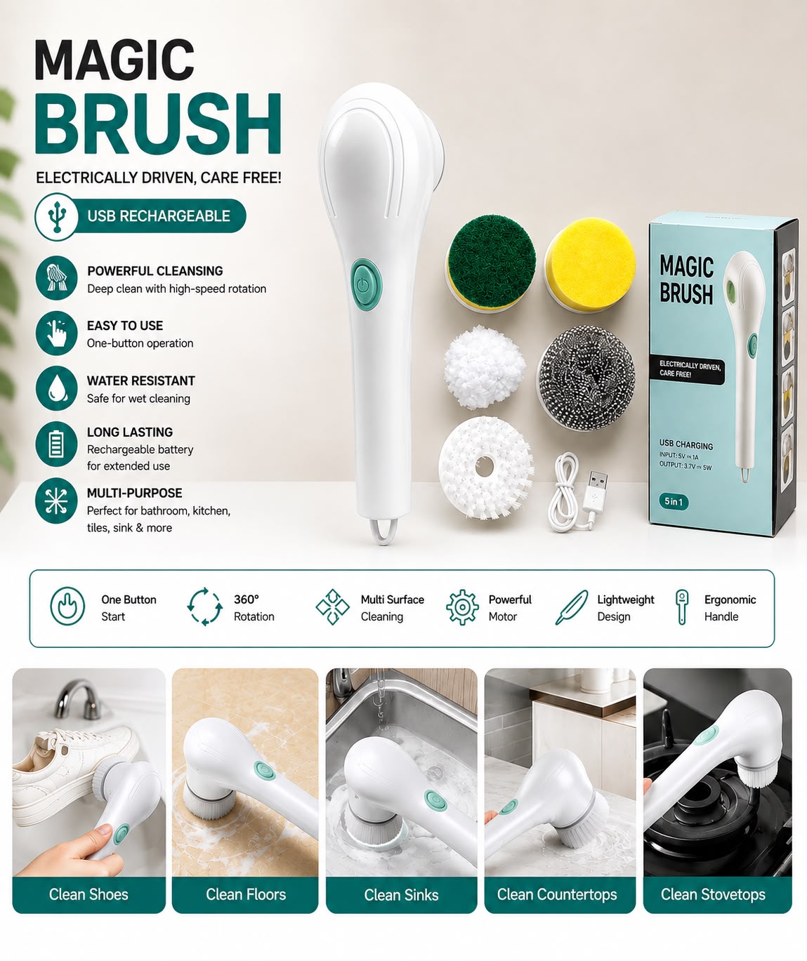 Magic Brush – 5-in-1 Rechargeable Electric Cleaning Brush